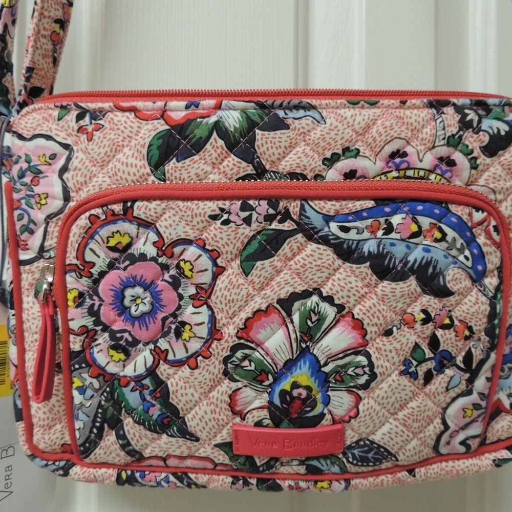 Vera Bradley Iconic Little Hipster Stitched Flowers crossbody pink red